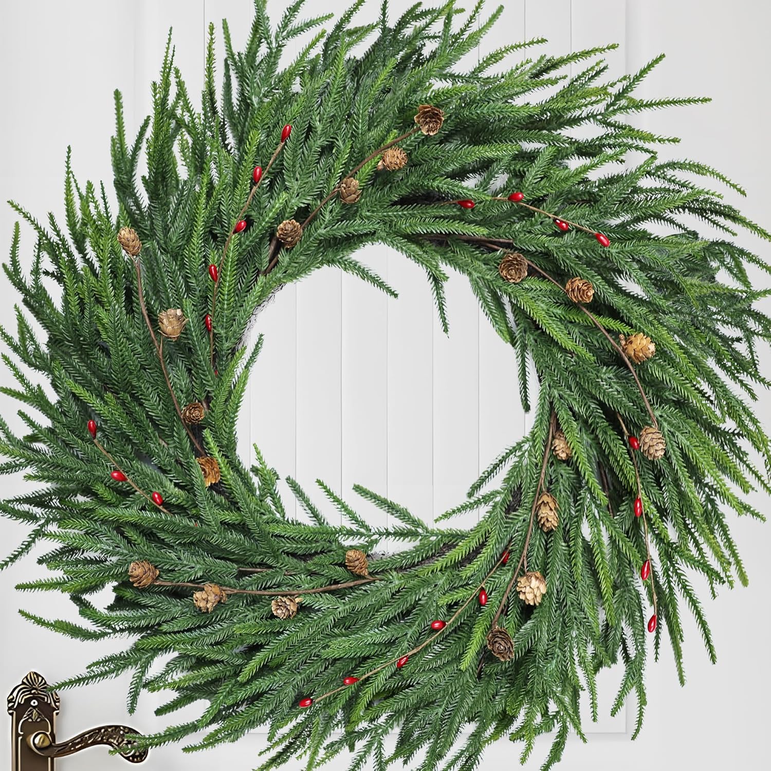24 Inch Pine Wreath for Front Door with Red Berries Decor