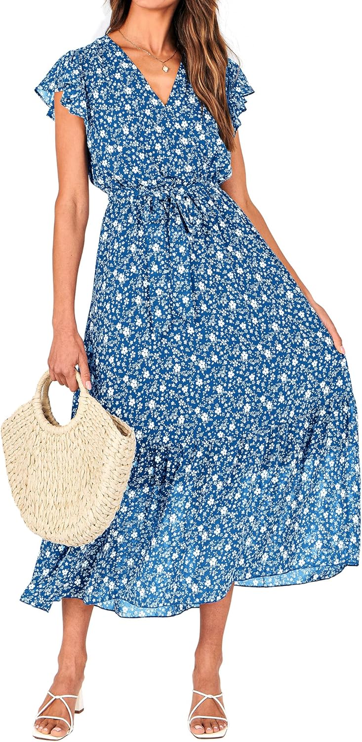 BTFBM Women Summer Bohemian Floral Midi Sun Dress for Style