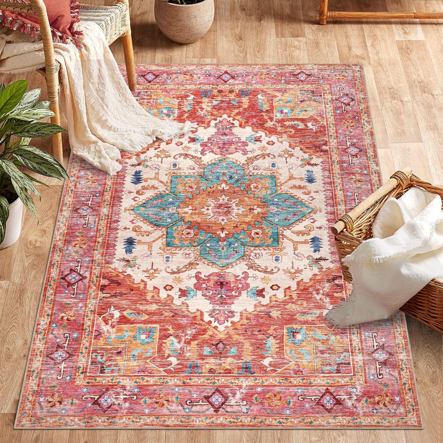 Yamaziot Washable Area Rug for Bedroom, Vintage Boho Style