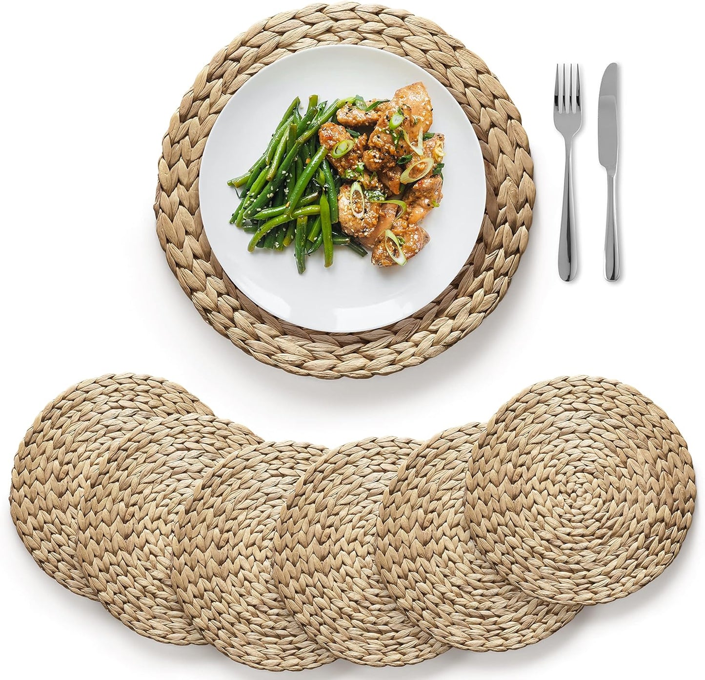 Round Rattan Placemats Set of 6 - Heat Resistant Woven Design
