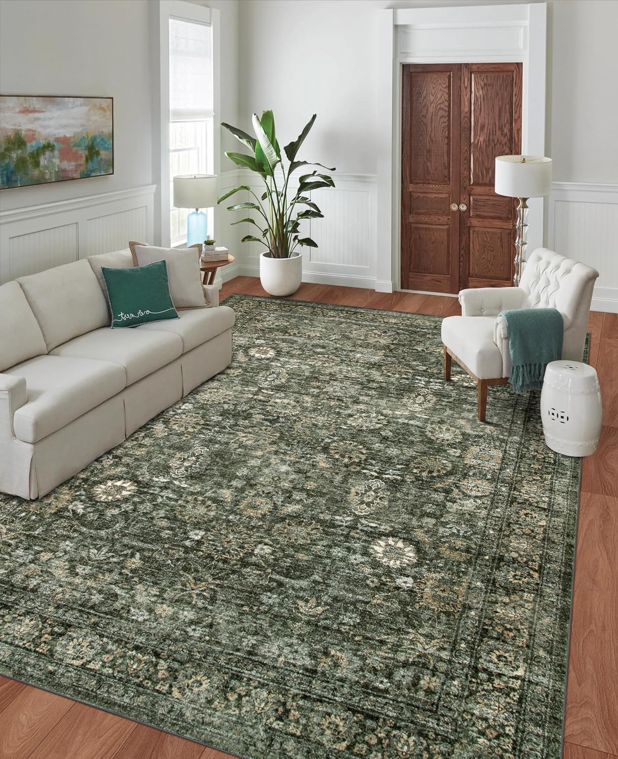 Vintage Dark Green Living Room Rug - Soft Washable Area Rug