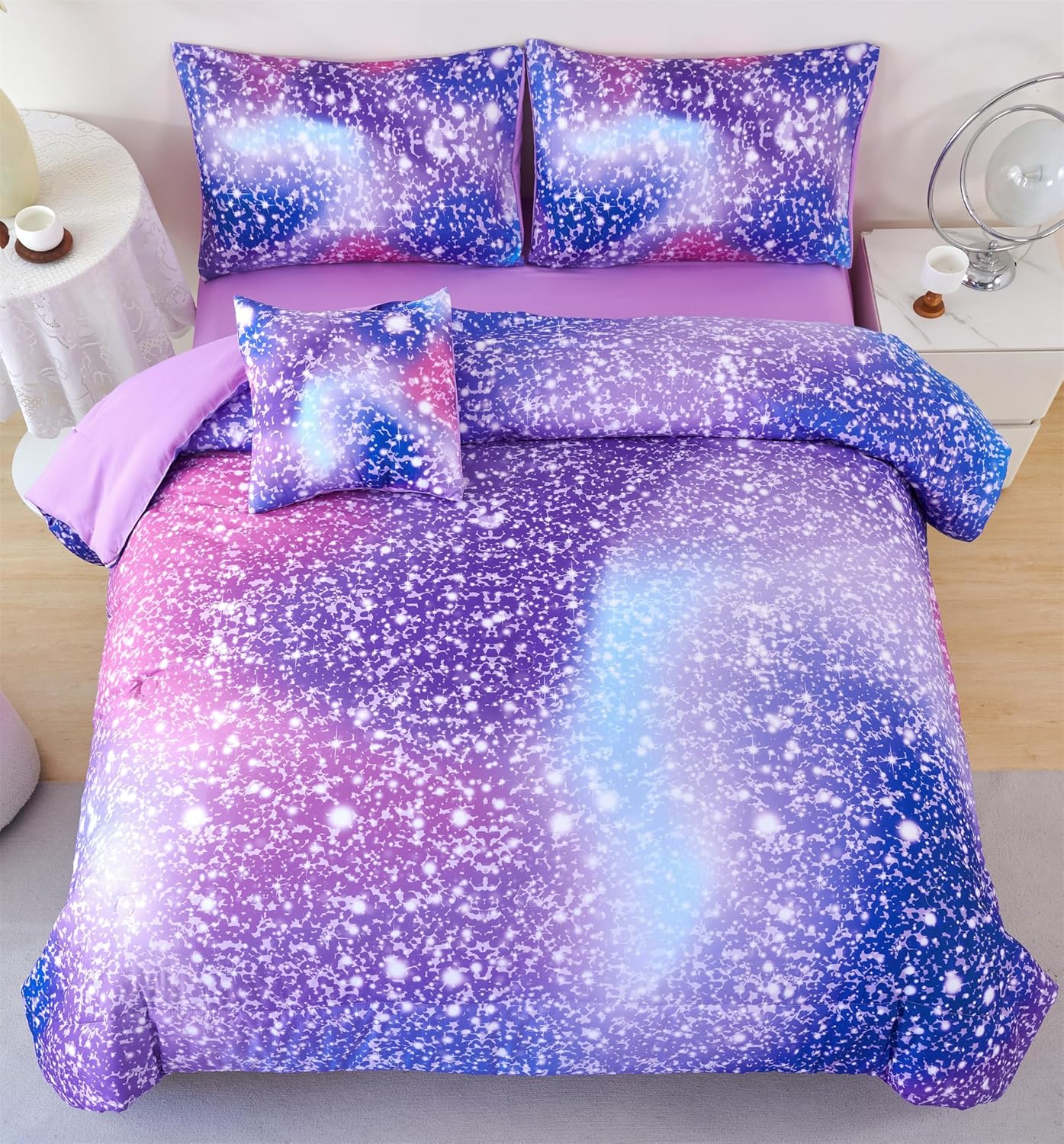 6Pcs Girls Bedding Set Queen Size Glitter Rainbow Comforter Set
