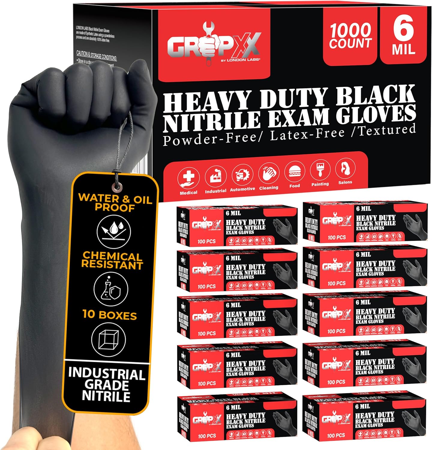 London Labs 6 Mil Black Nitrile Gloves x1000 - Heavy Duty, Latex & Powder Free