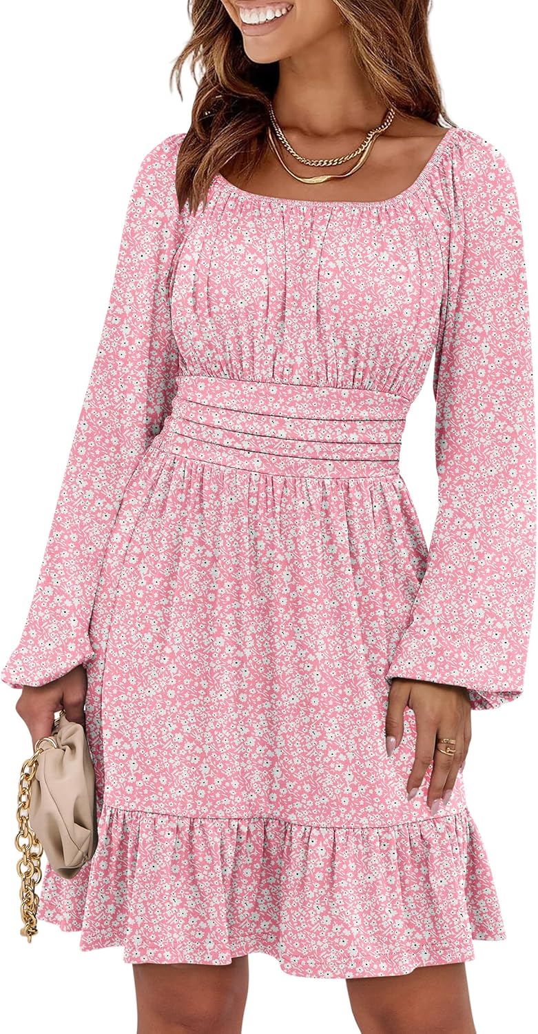 ANRABESS Womens Dress Long Lantern Sleeve Square Neck Ruffle