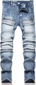 Men's Biker Moto Washed Distressed Slim Fit Straight Jeans - Stretch