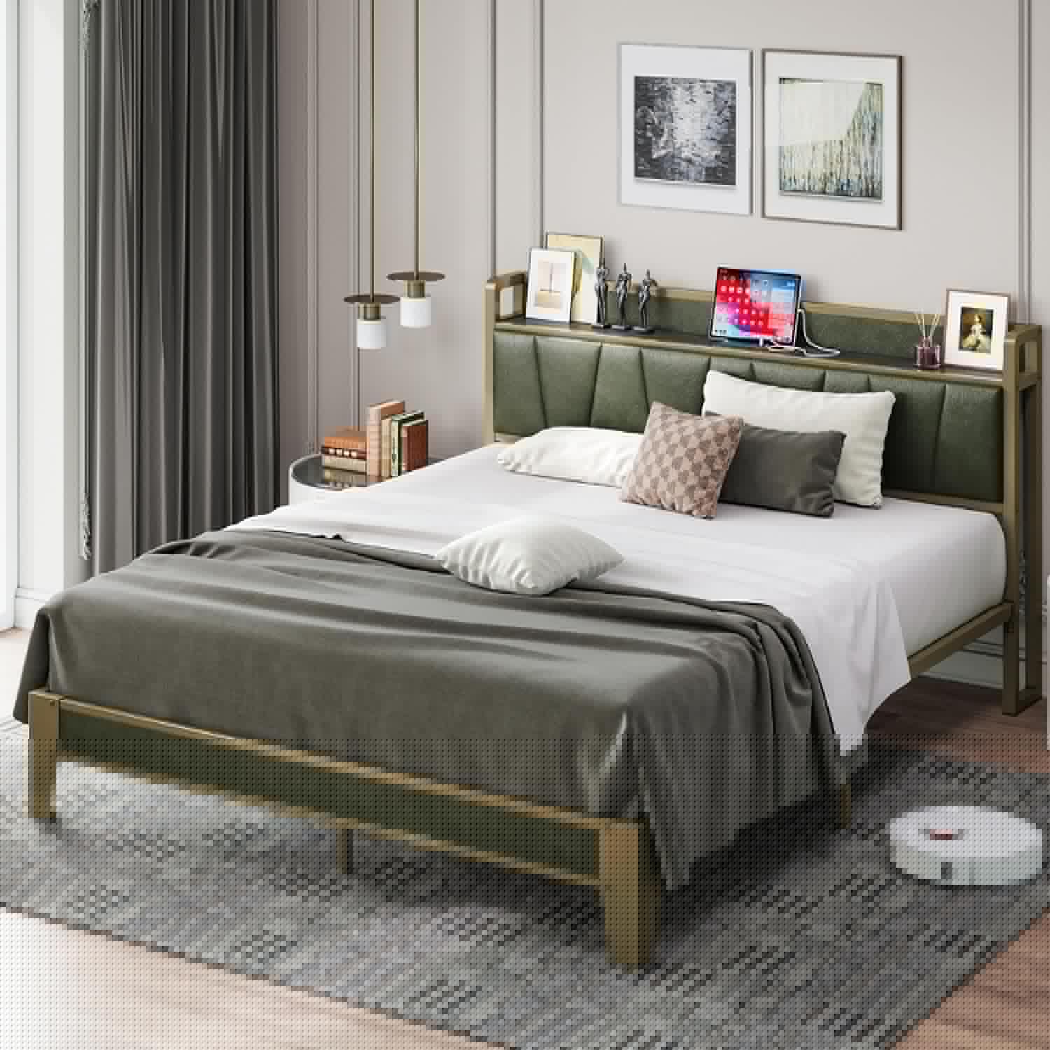 LIKIMIO Full Bed Frame with Storage Headboard and Charging Station