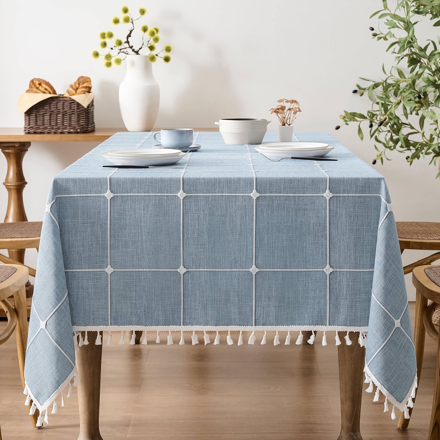 Boho Grid Table Cloth with Tassels - Heavy Weight Linen Style