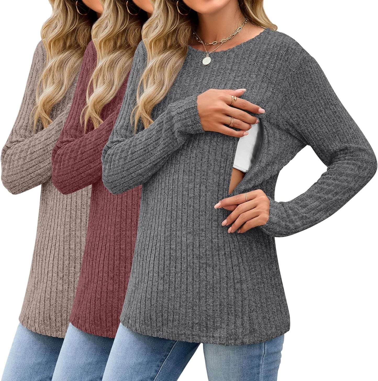 3 Pack Women's Nursing Long Sleeve Tops for Breastfeeding Comfort