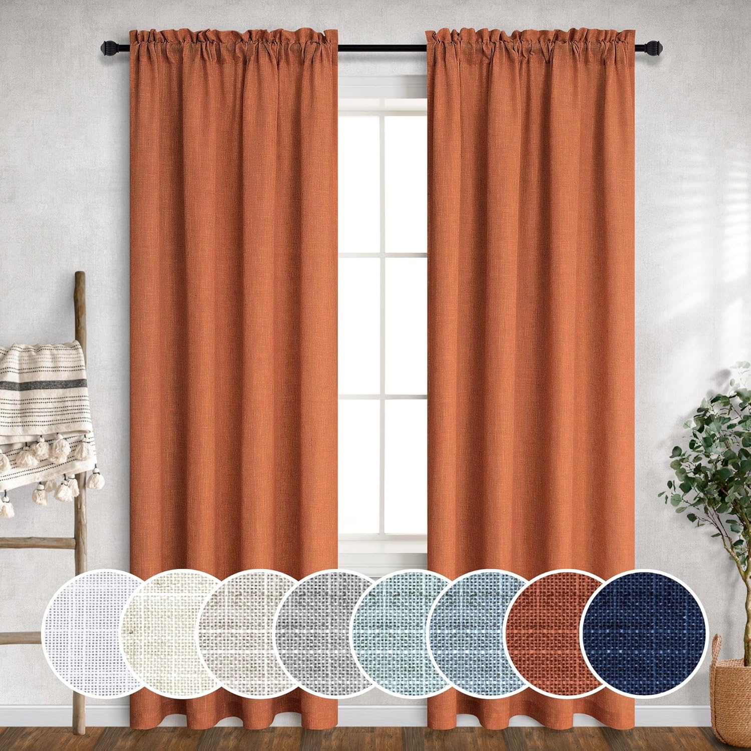Burnt Orange Linen Curtains Long for Living Room 2 Panel Set