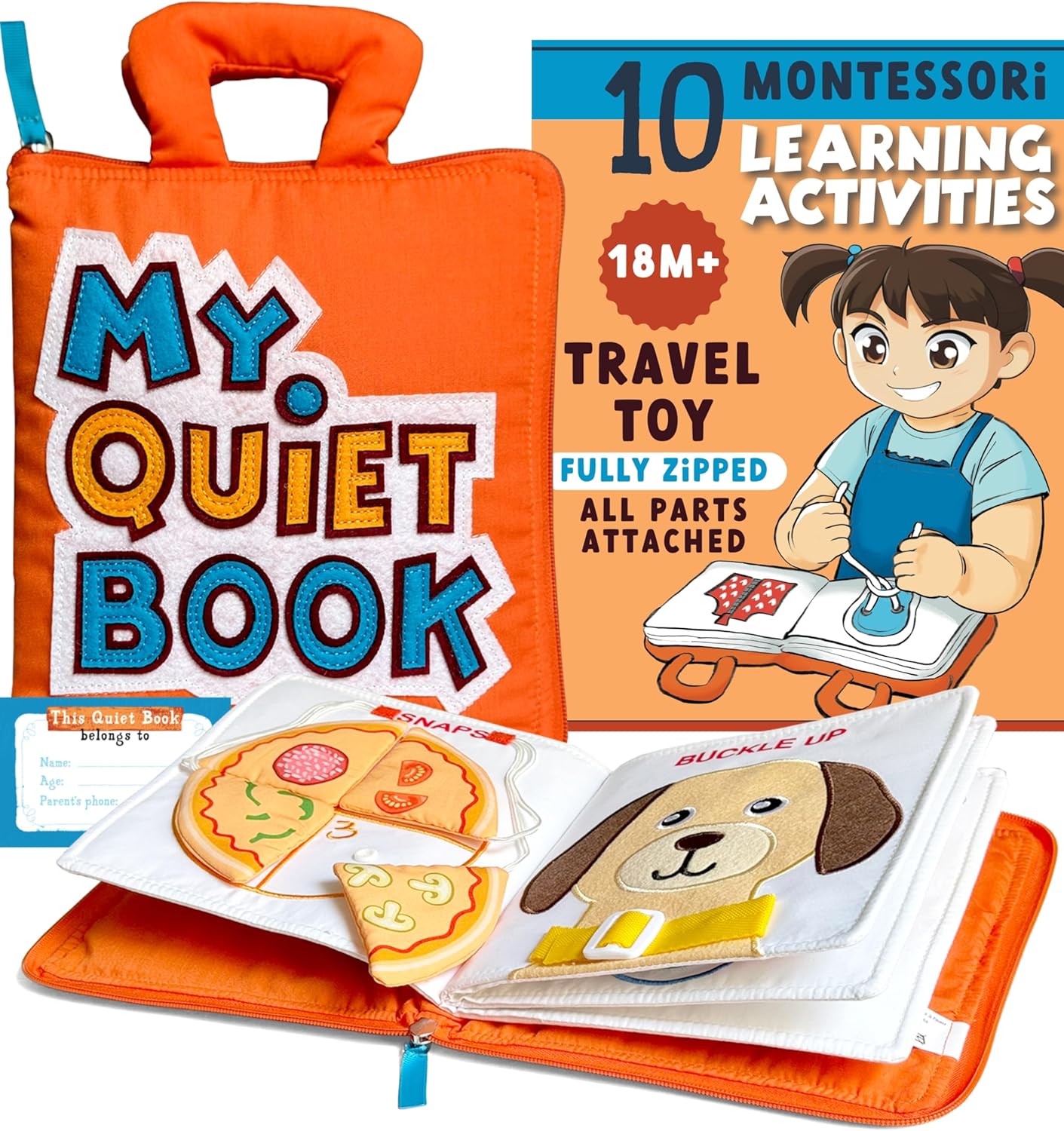 Montessori Plane & Car Quiet Book - 10 Activities, Toddler Girl Toys