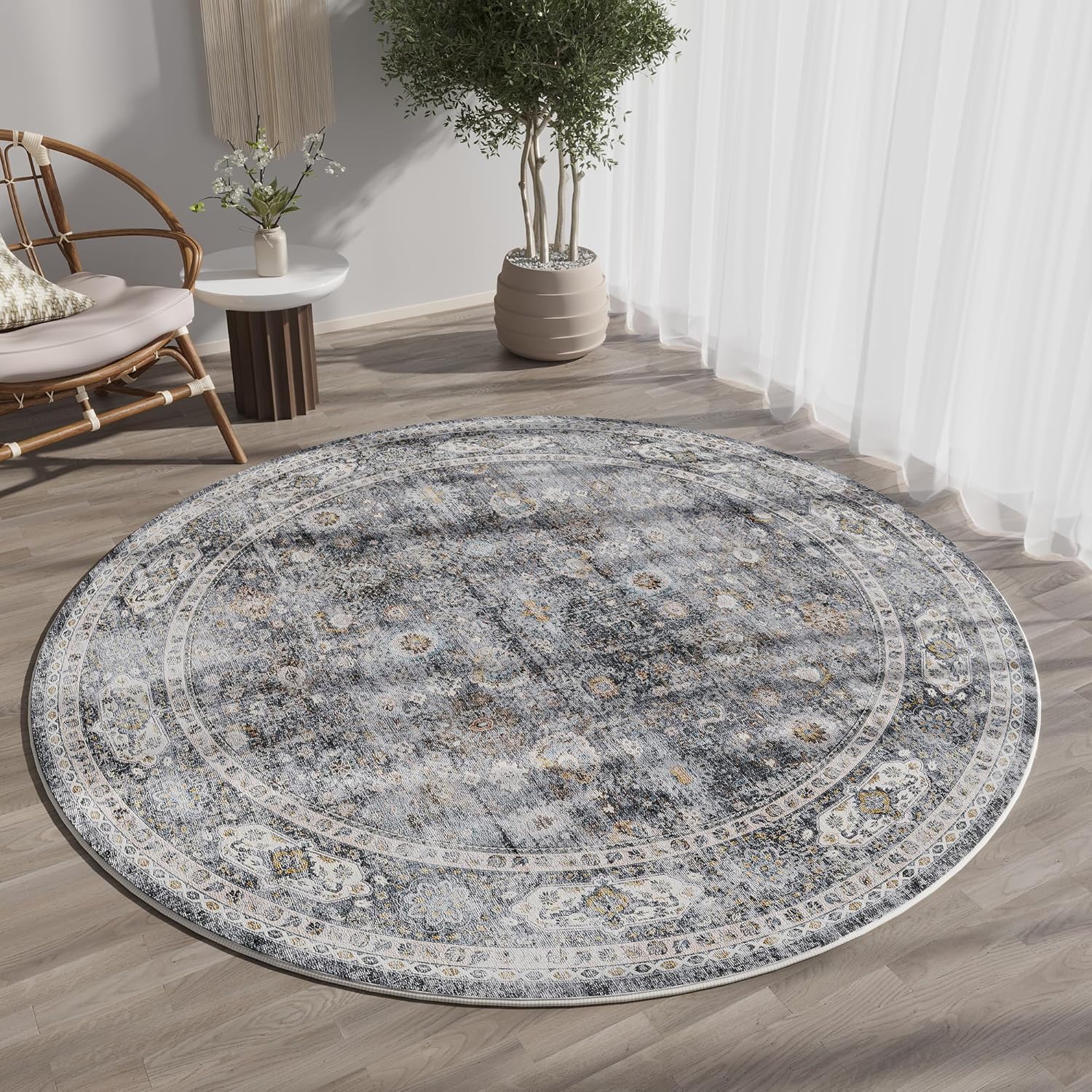 Rugcomf Round Rug 4ft Washable Non Slip Boho Style for Home