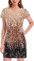 MANER Women's Sequin Glitter Short Sleeve Dress - Sparkling V-Neck