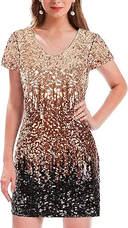 Stunning Women's Sequin Glitter Short Sleeve Mini Party Dress
