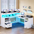 60 Corner L Shaped Desk with LED Lights and Power Outlets - White