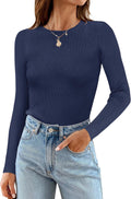 Women's Long Sleeve Crewneck Ribbed Knit Sweater - Slim Fit Tee