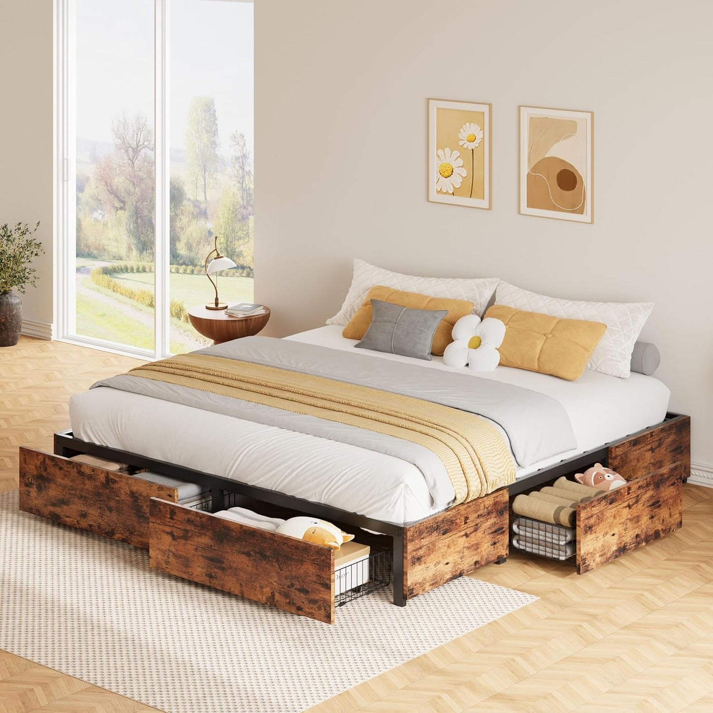 LIKIMIO King Bed Frame with Storage and Heavy Metal Support
