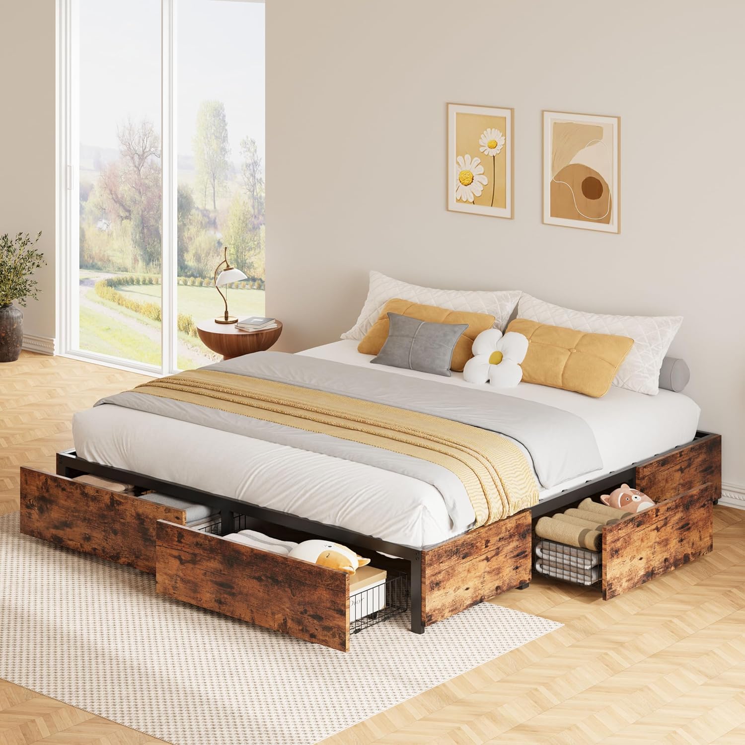 LIKIMIO King Bed Frame with Storage and Heavy Metal Support