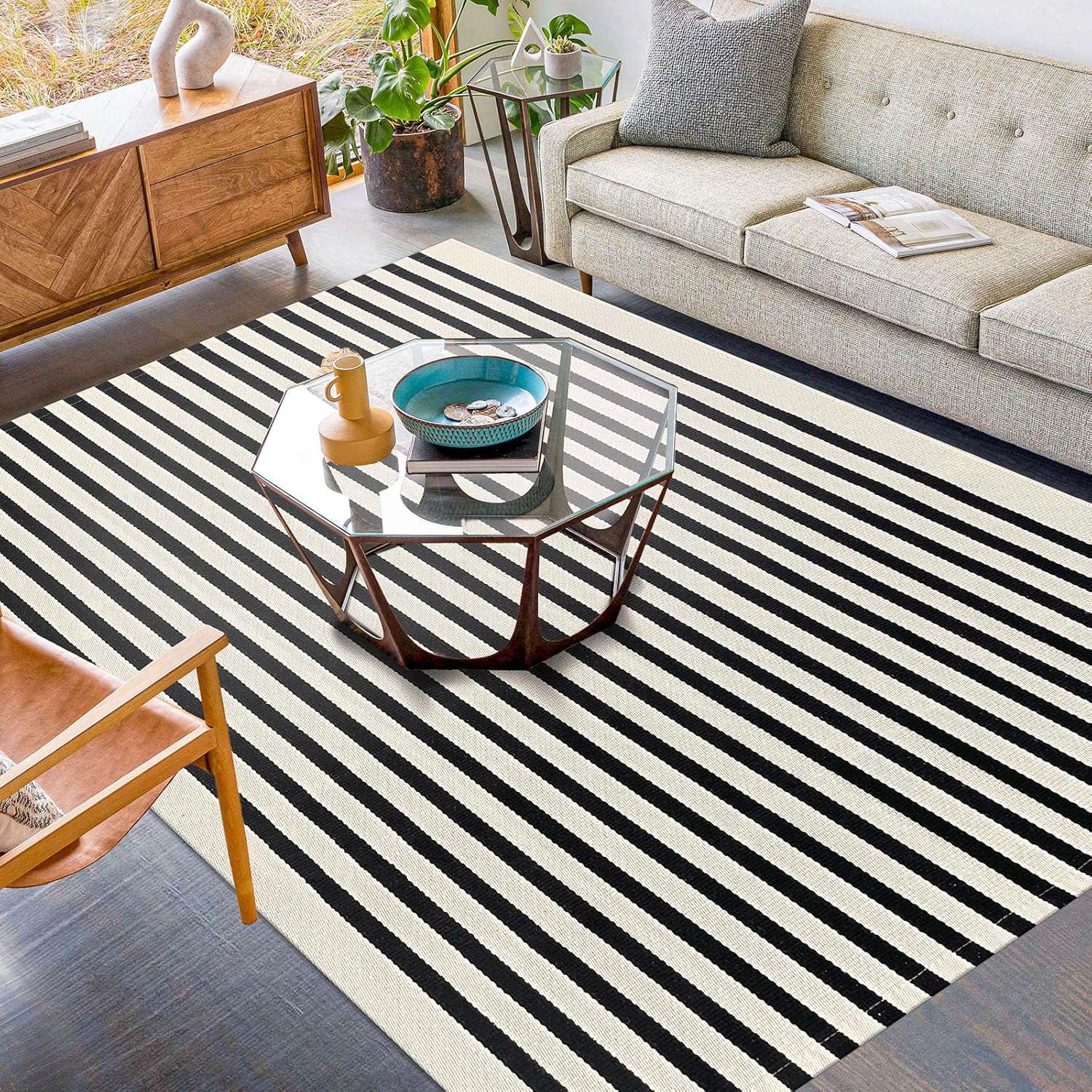 KILOCOCO Beige Striped Rug 5x7 for Living Room and Patio