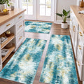 100% Non Slip Kitchen Rugs Set of 3 - Teal Abstract Runner Mats