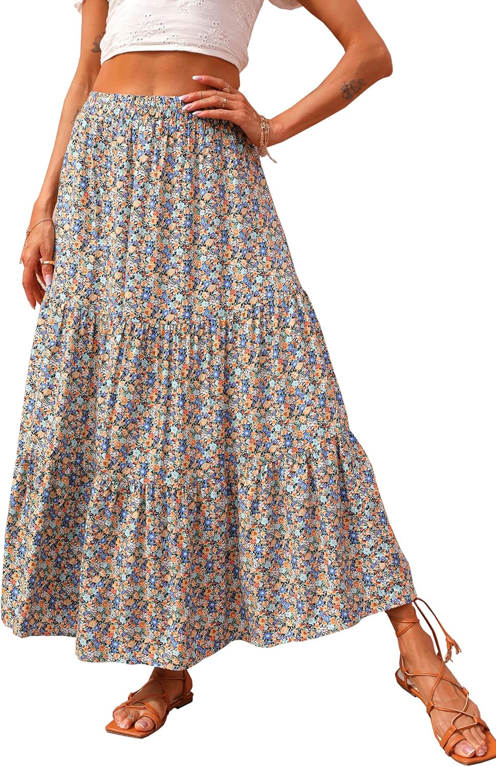 KIRUNDO Women's Boho Floral Maxi Skirt for Trendy Casual Style