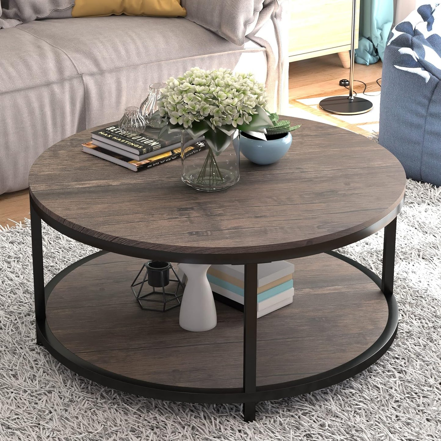 Rustic 2-Tier Round Coffee Table - Modern Home Furniture
