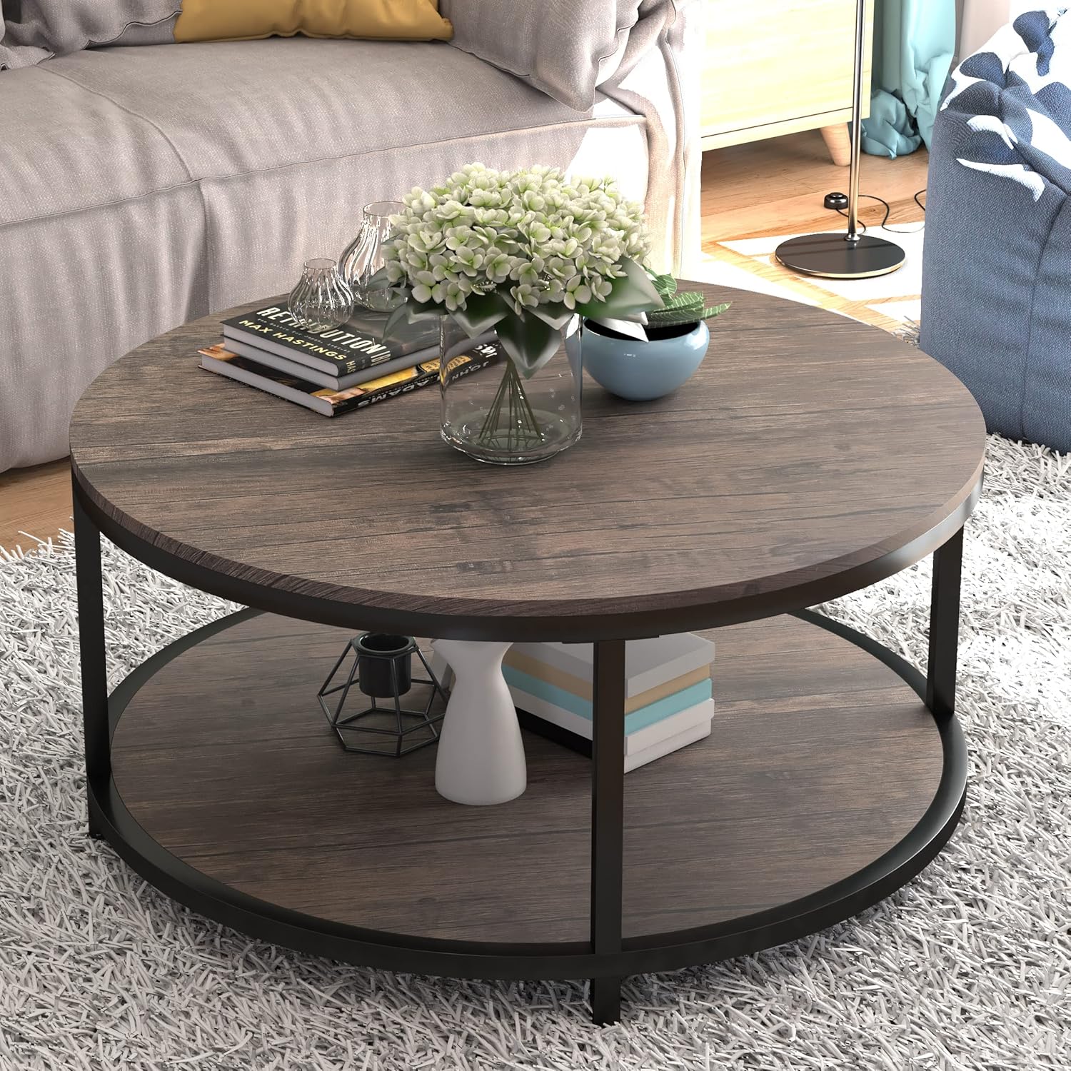 Rustic 2-Tier Round Coffee Table - Modern Home Furniture
