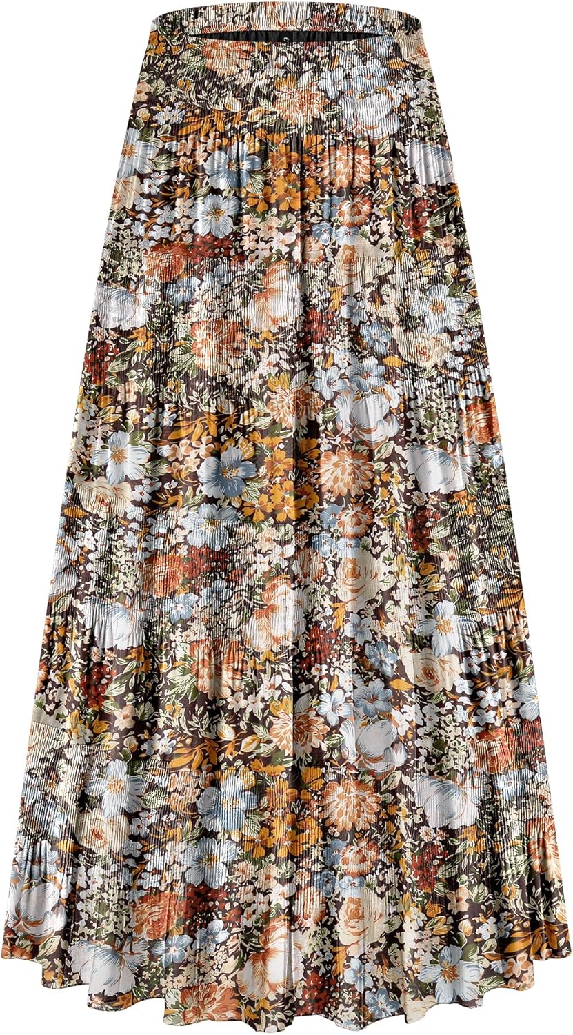 Chiffon Elastic High Waist Tiered Pleated Floral Maxi Skirt