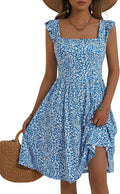 Summer Casual Floral Square Neck Sundress for Women - Turquoise Flowy