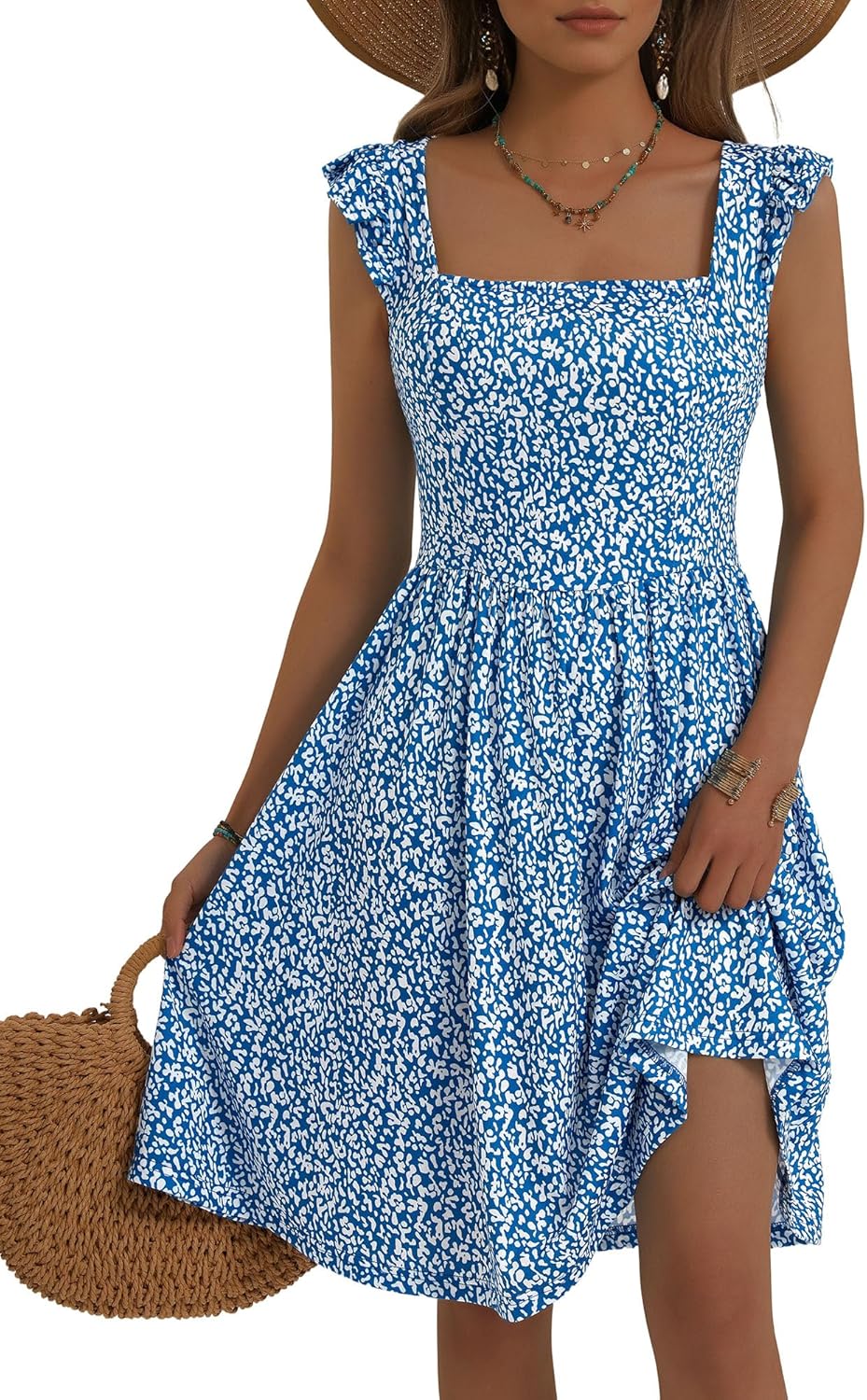 Loemes Summer Casual Floral Flowy Square Neck Sundress for Women