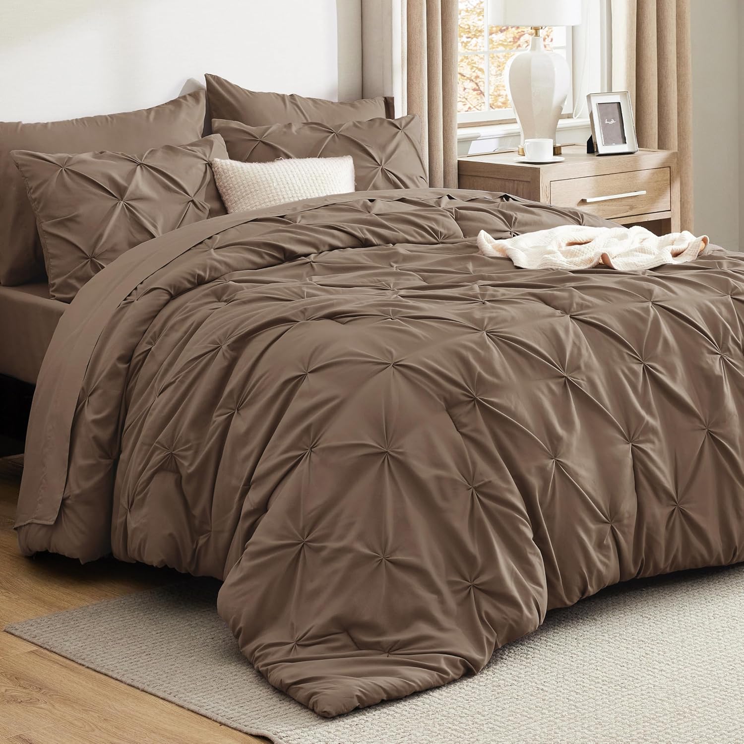 Bedsure Queen Comforter Set Brown - 7 Piece Bed in a Bag