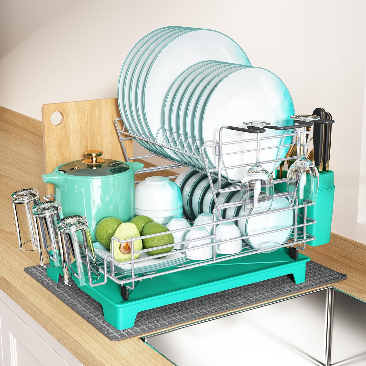 BOOSINY 2 Tier Turquoise Large Stainless Steel Dish Drainer Rack