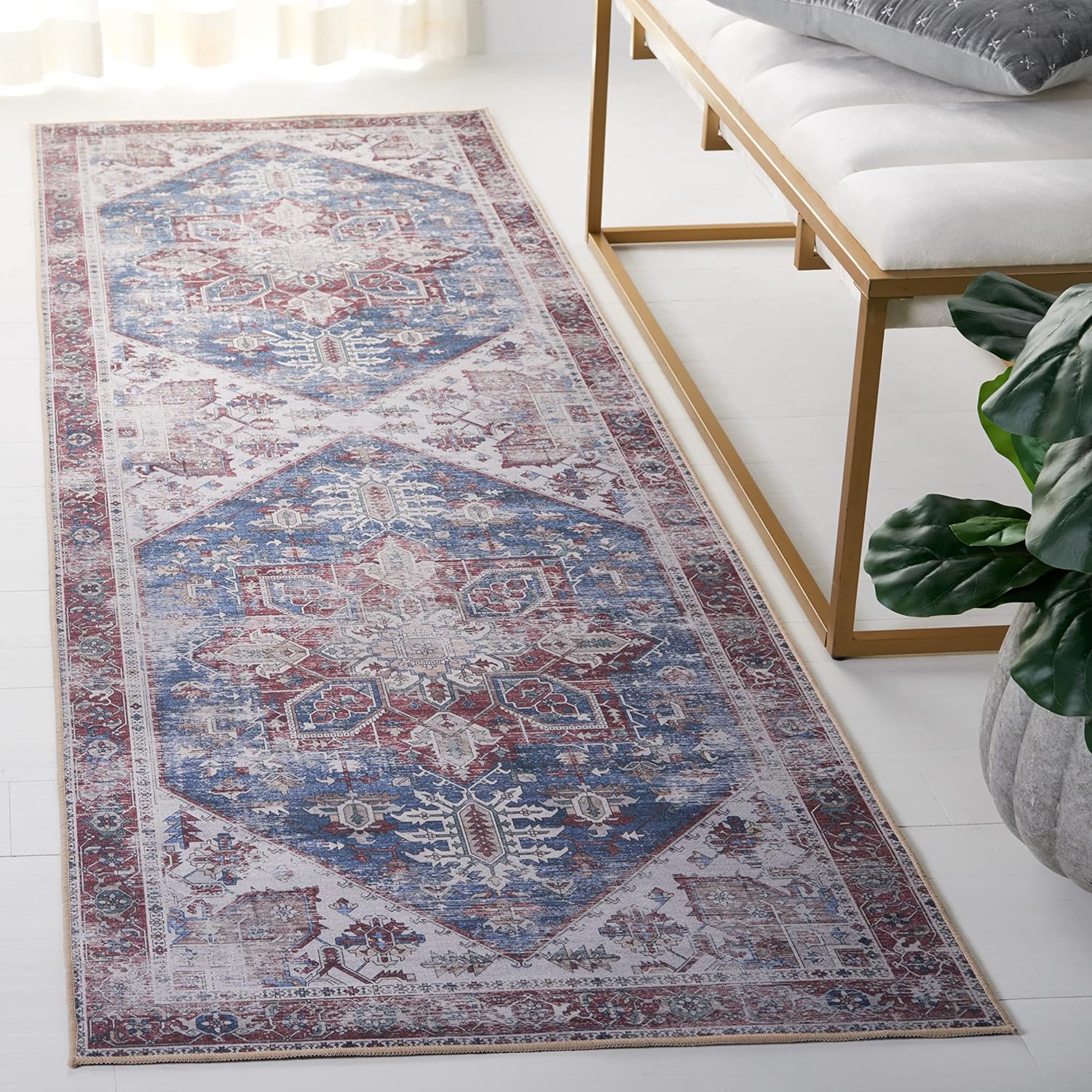 Tucson Collection Washable Runner Rug 2ft 6in x 10ft Navy Red