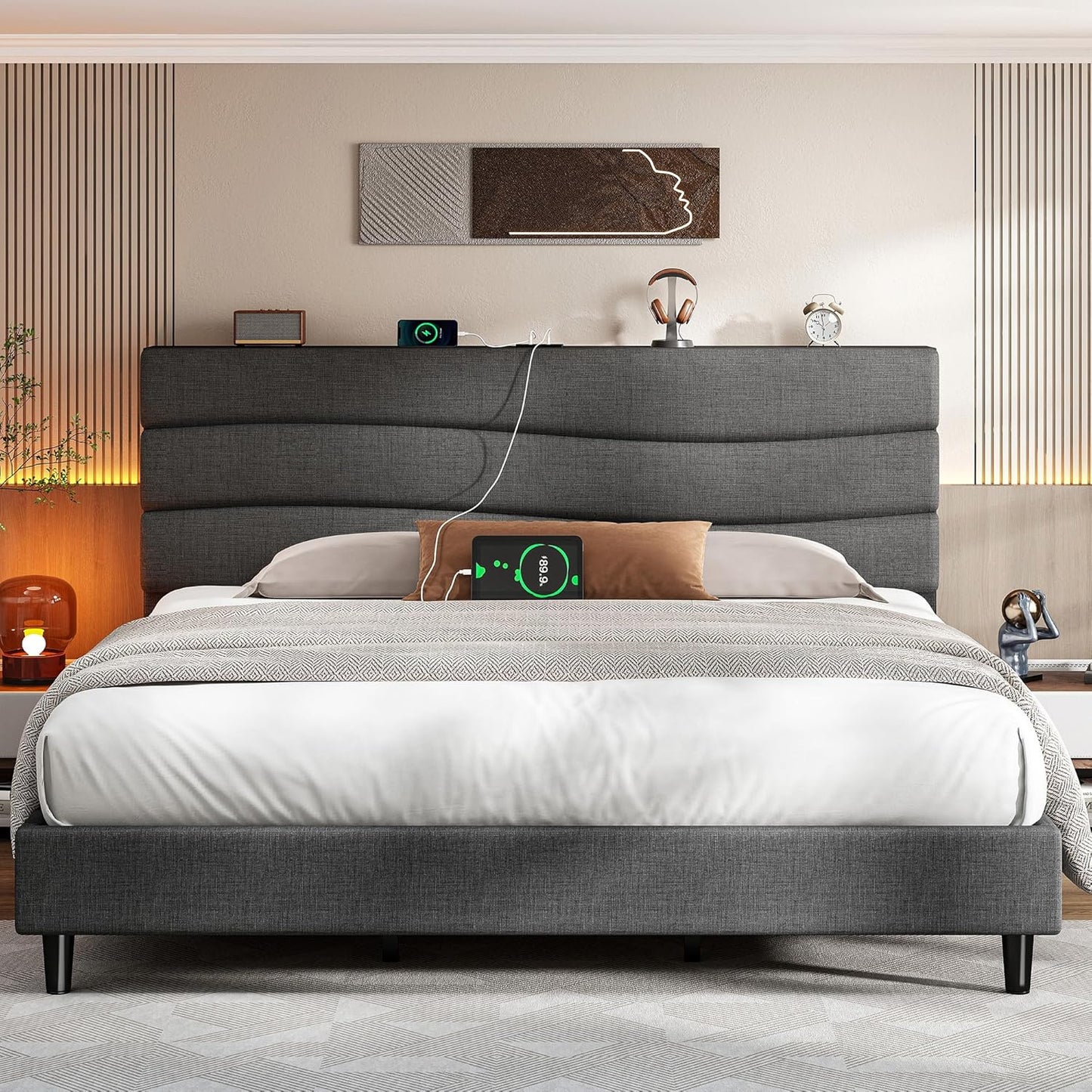 EnHomee King Size Bed Frame with Storage and Charging Ports