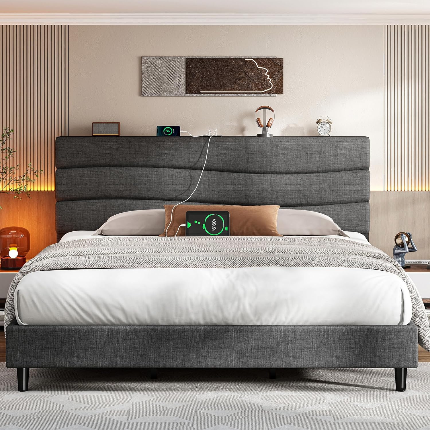 EnHomee King Size Bed Frame with Storage and Charging Ports