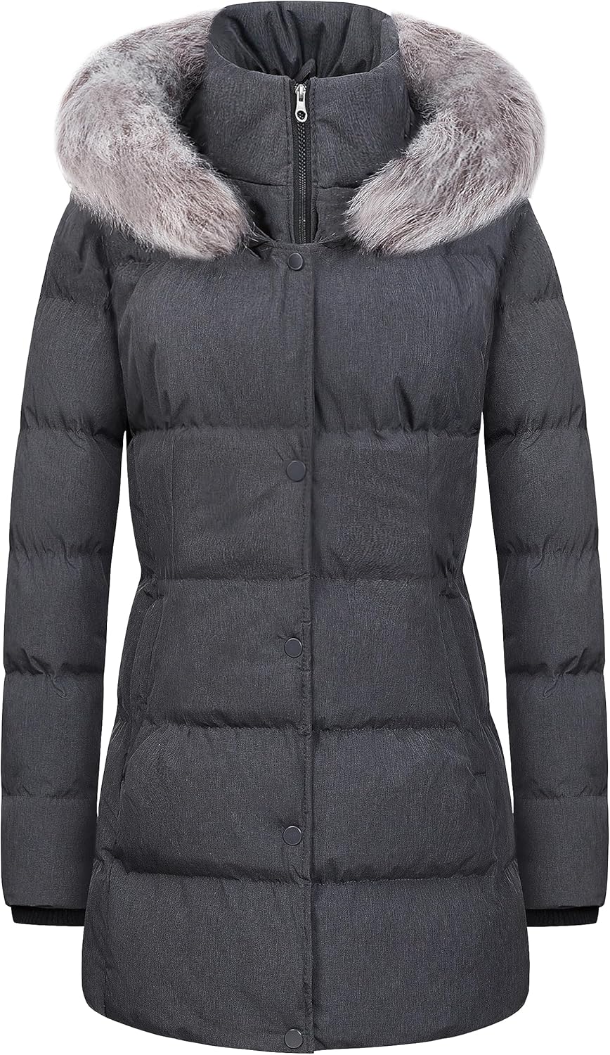 CREATMO US Women's Winter Snow Jacket Long Fur Puffer Coat