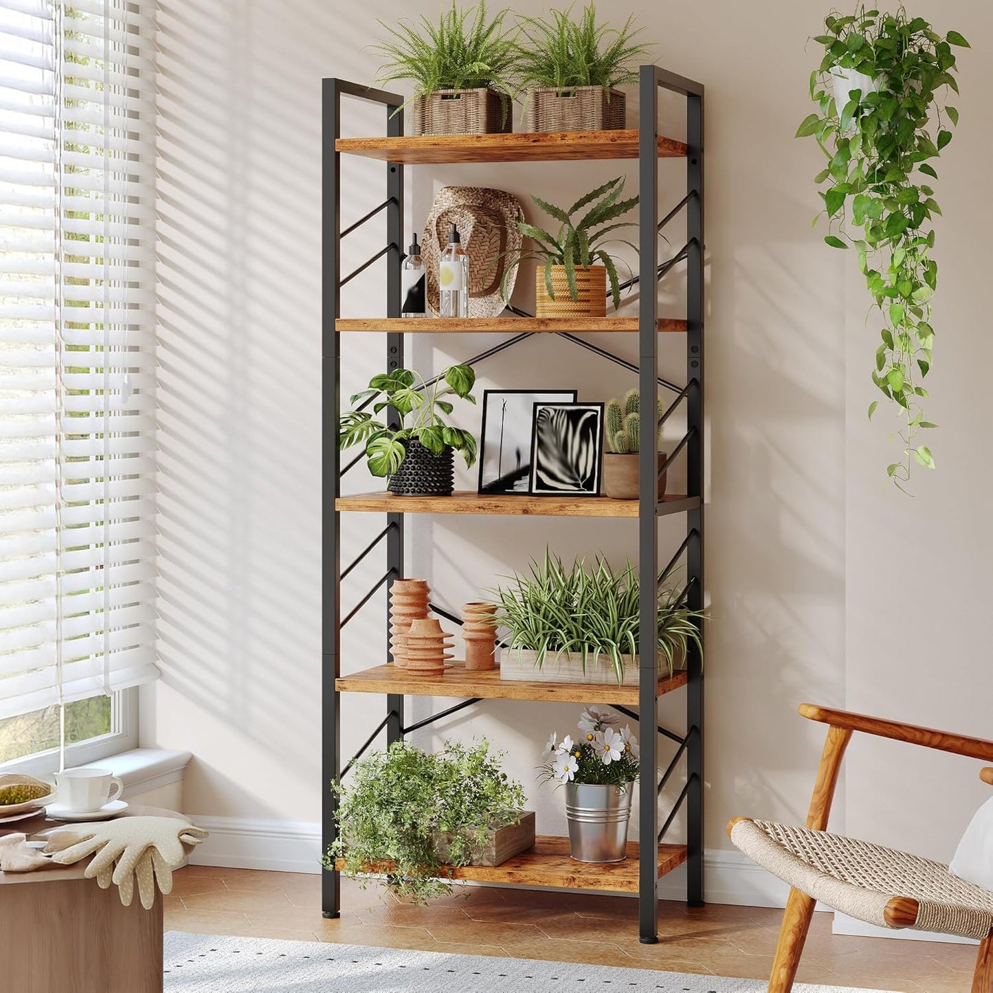 Industrial 5 Tier Tall Bookshelf for Modern Home Storage