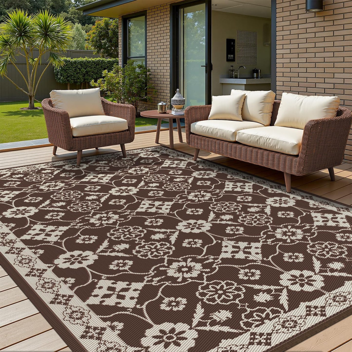 COCOER Floral Outdoor Rug 8x10 Waterproof Quick Dry Carpet