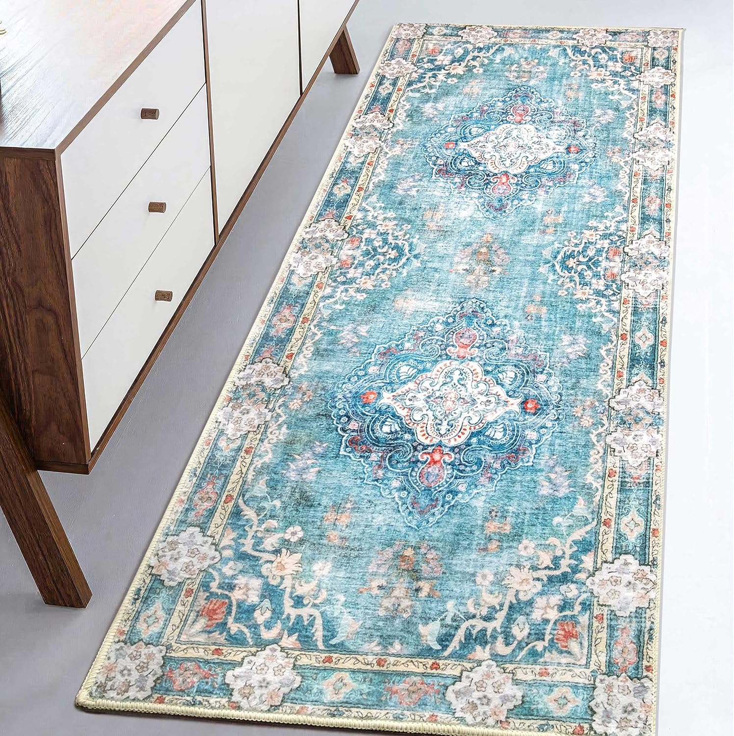 MUJOO Hallway Runner Rug - Non Slip Boho Teal 2ftx6ft Design