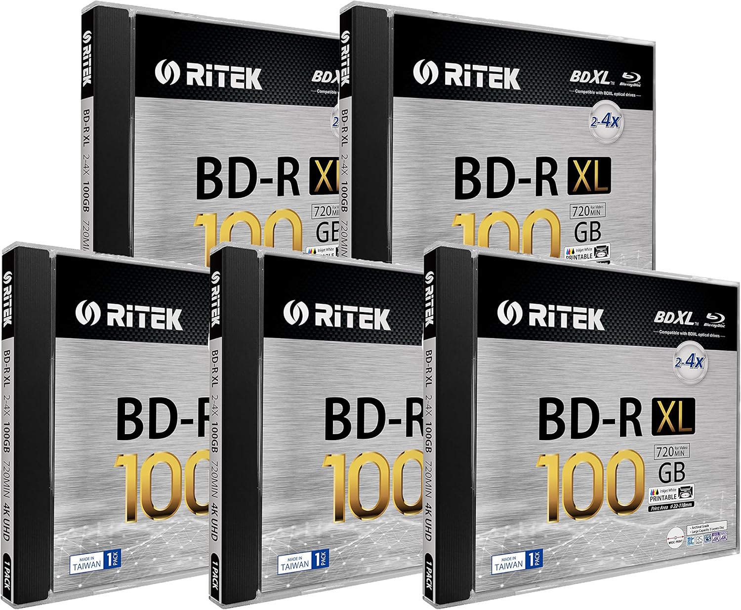 5 Pack Ritek BD-R XL BDXL 100GB Archival Grade Discs