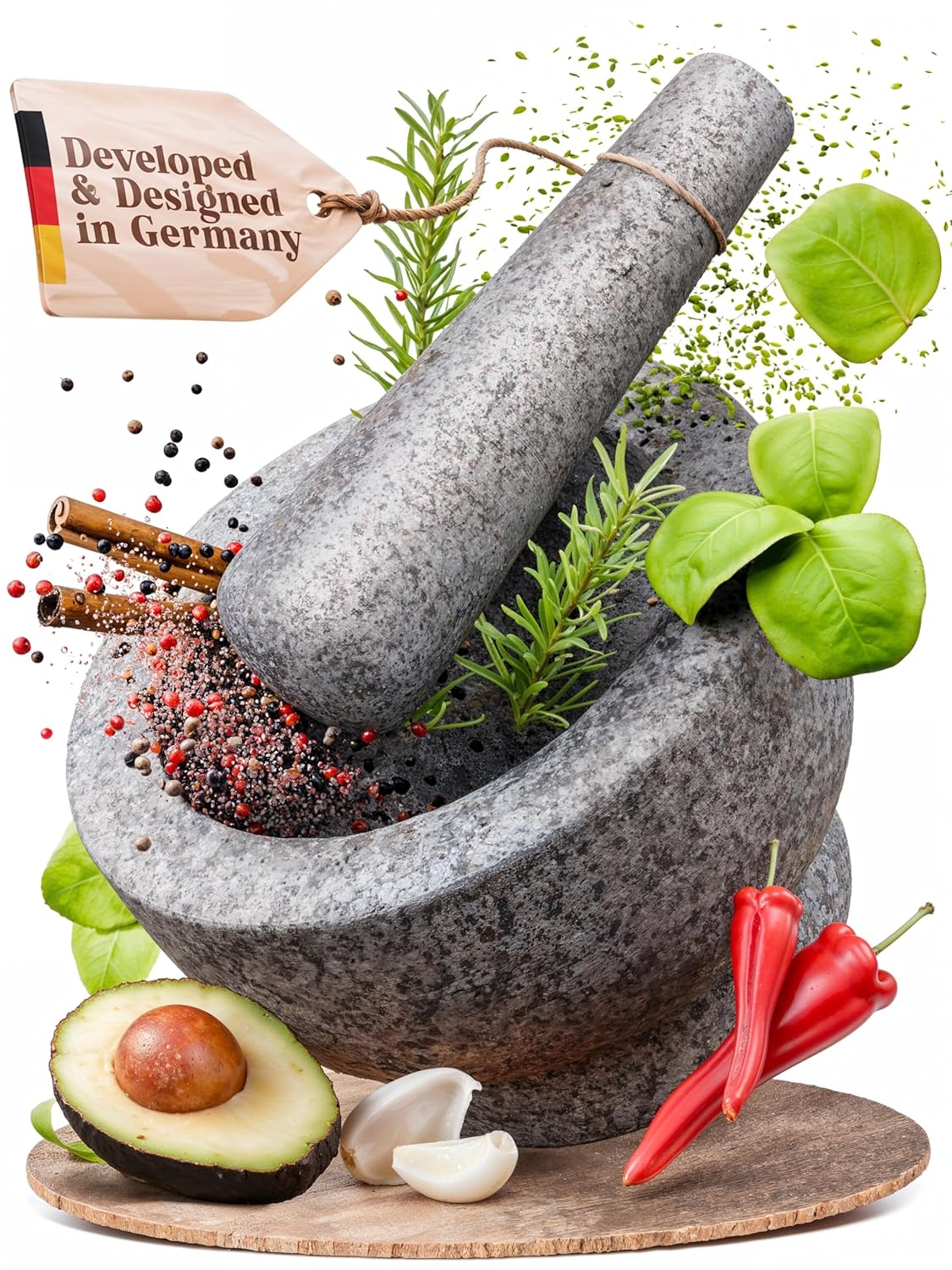 ChefSofi Mortar and Pestle Set - Unpolished Granite for Cooking