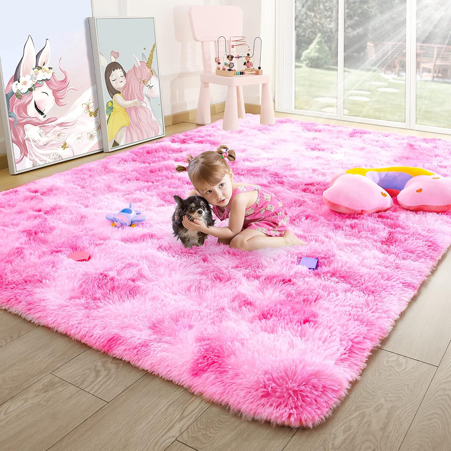 Fluffy Kids Rugs for Room - Soft Pink Tie-Dyed Rainbow Design