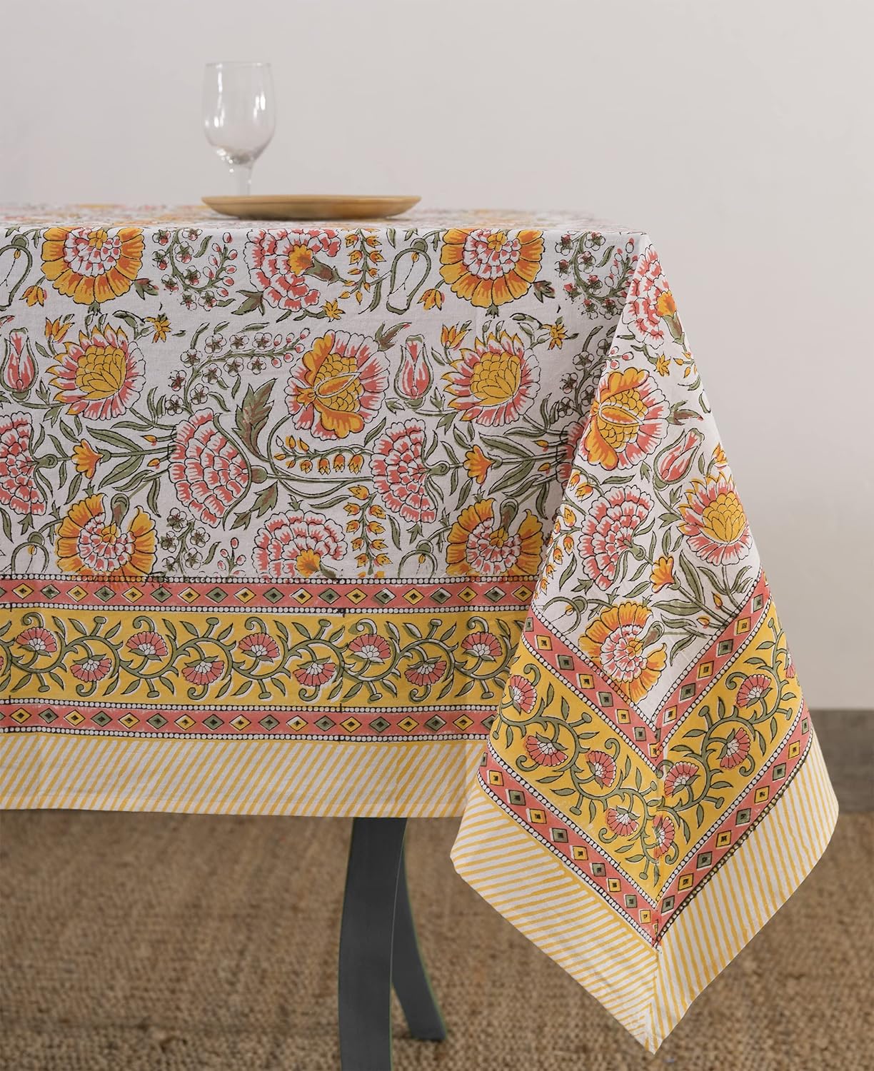 Labhanshi Indian Block Print Floral Table Cloth for 6-Seater