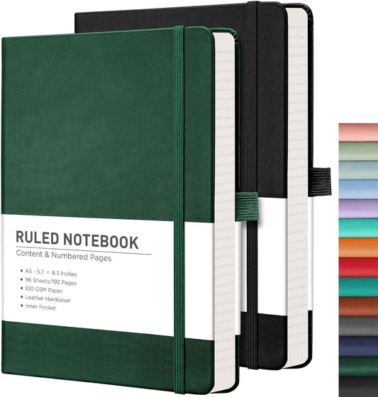 Rettacy 2-Pack A5 Lined Journals, 192 Numbered Pages, Leather Cover