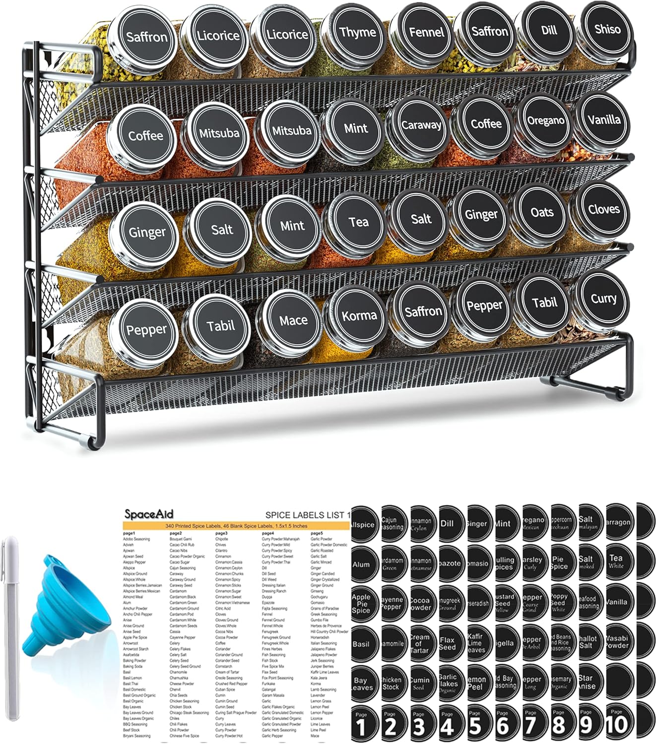 SpaceAid Spice Rack Organizer with 32 Jars and Labels Set