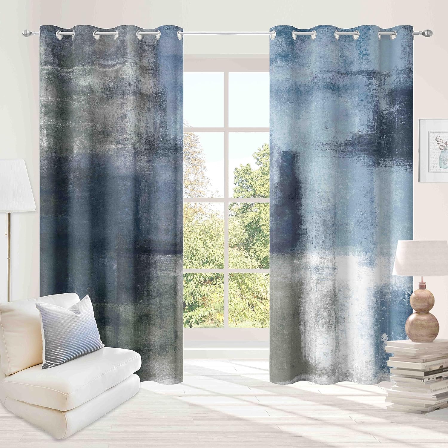 Dusty Blue Abstract Curtains Set for Modern Chic Decor