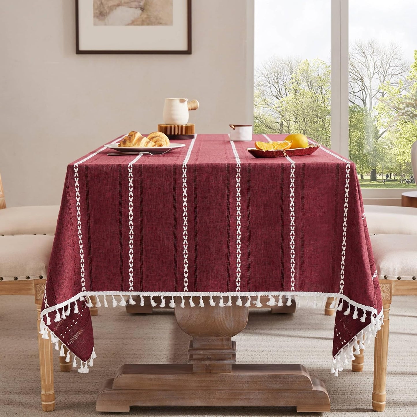 ZeeMart Hemstitched Embroidery Striped Boho Tablecloth for Elegance