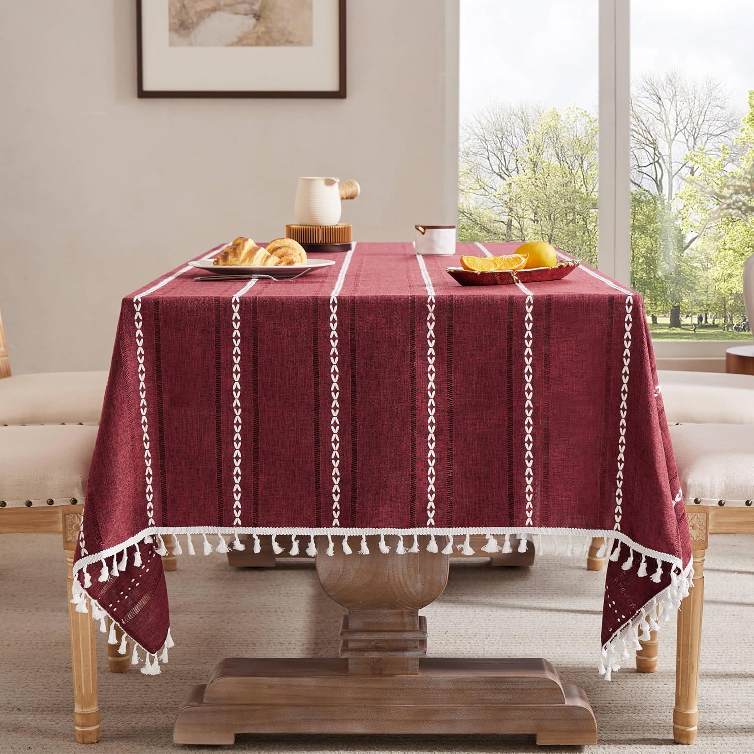 ZeeMart Hemstitched Embroidery Striped Boho Tablecloth for Elegance
