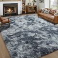 Large Fluffy 8x10 Area Rug Tie-Dyed Blue and Grey - Soft Thick Shag