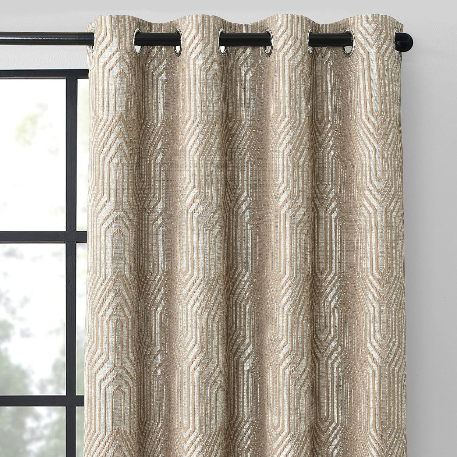 Light Brown Silvery Blackout Jacquard Geometric Pattern Curtains