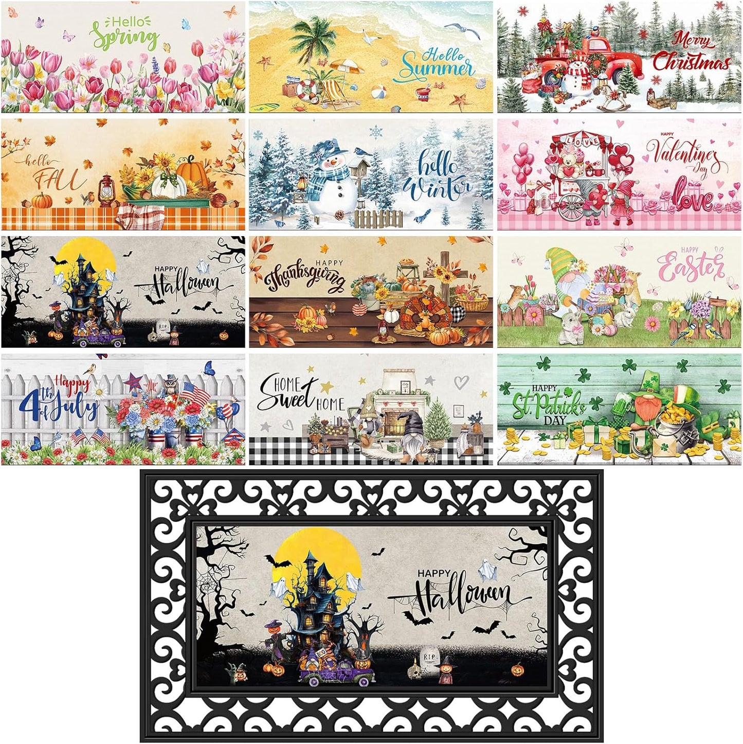 12 Pcs Seasonal Door Mats Set for Year-Round Home Decor 22 in